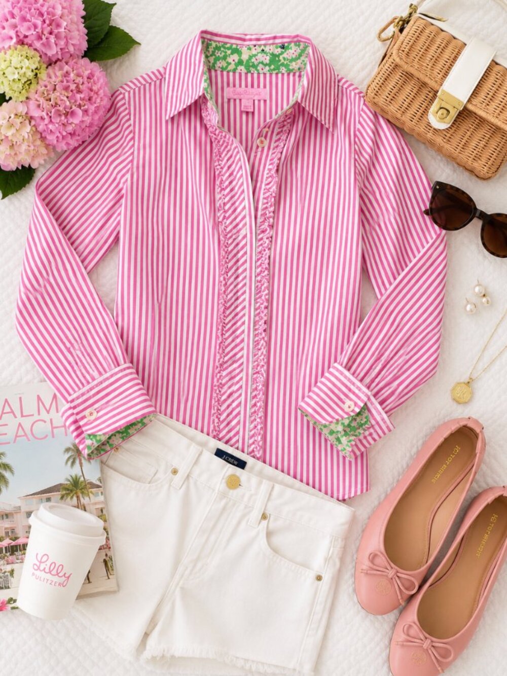 Lilly Pulitzer Pink White Stripe Ruffle Button Down Blouse Preppy Size 10